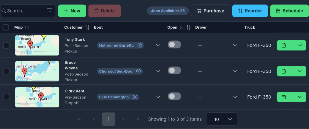 Boatload schedule showing the day's pickups and dropoffs with customer, boat, and truck